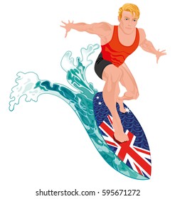 Vector illustration image of surfer young white man on a surf board designed with Australian flag surfing on a azure sea ocean wave.