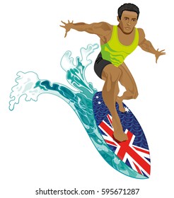 Vector illustration image of surfer young black man on a surf board designed with Australian flag surfing on a azure sea ocean wave.