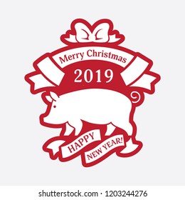 Vector illustration with the image of the symbol of the next year pig. With congratulations to the merry Christmas and new year. Bright logo in a simple style and juicy color.