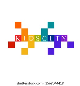 Vector illustration with the image of the text in colorful squares, pixels. Logo of the children's center, baby club, kids room, kids city, playground, kindergarten.