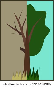 Vector illustration with the image of a tree. It is divided into two parts: one blooms, the second - faded.