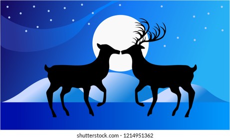 Vector illustration image of two lover reindeers kissing under full moon in the night of Christmas winter background.