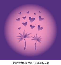Vector illustration. Image of the two palm trees with hearts