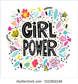 Vector illustration with the image of various flowers and the inscription Girl Power.
