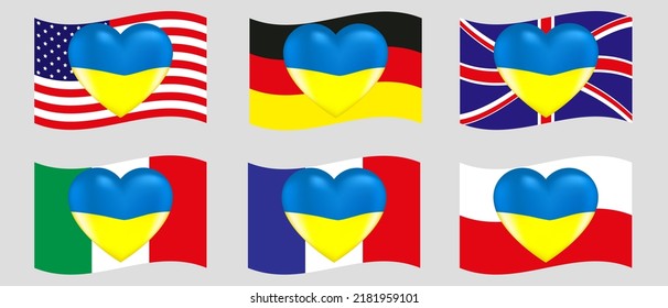 Vector illustration. Image of a volume heart in the colors of the Ukrainian flag with highlights on background flags countries Europe and USA. Eps 10