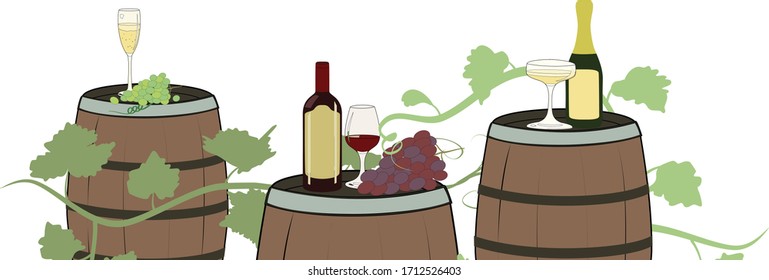 Vector illustration image Wine and Champagne Collection print.  Illustration featuring wine barrels, red wine bottle and glass, champagne and grapes. Good for food and wine decor and stationary.