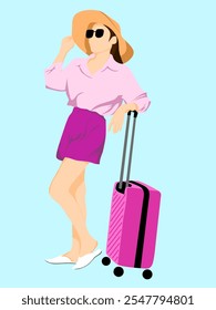 Vektorgrafik einer Frau mit einem großen Koffer, die in den Urlaub fährt. geeignet für Webdesign, Poster, Banner und Dekorationen in sozialen Medien