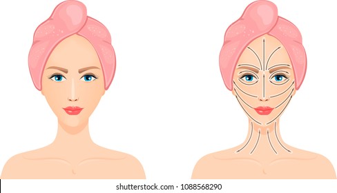 Vector illustration. Image of a woman's face with massage lines. For advertising salon, cosmetic products, massage and plastic procedures.