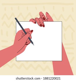 Vector illustration with image writing hands on abstract background and empty space for text on sheet of paper.