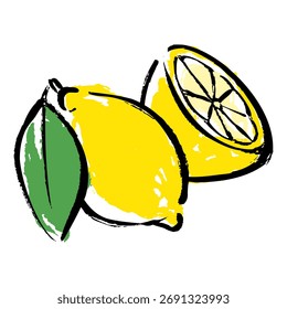 Ilustración vectorial de una Imagen de un limón amarillo con hojas y un limón cortado por la mitad.