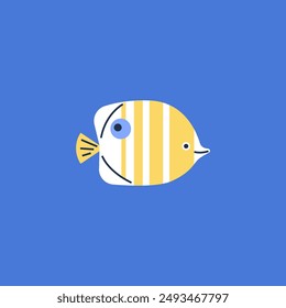 Vector illustration with an image of a yellow trap fish on a blue background. Angel fish icon on isolated background in flat cartoon style. Reef fish.