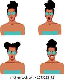 Ilustración vectorial con la imagen de una joven y hermosa muchacha al estilo del arte pop.
Retrato de una joven con gafas, que muestra diferentes emociones en su cara