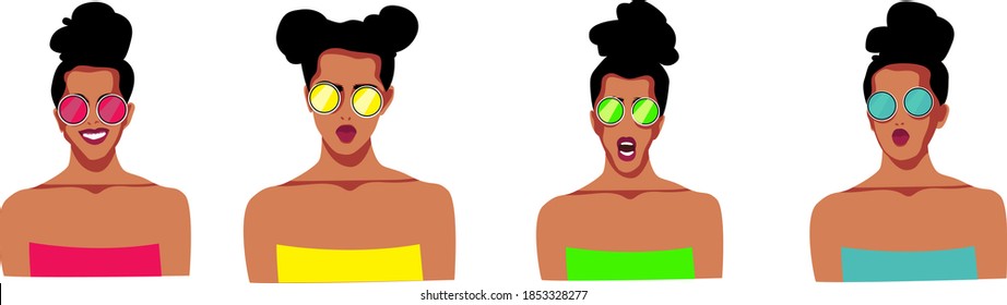 Vector illustration with the image of a young and beautiful girl in pop art style.
Portrait of a young woman with glasses, which depicts different emotions on her face