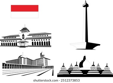 Vektorgrafik von indonesischen historischen Denkmälern und Gebäuden, indonesischen Ikonen von historischer Bedeutung, Monas, Gedung Sate, Istiqlal Moschee und Borobudur Tempel