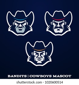 Vector illustration with the imageS of the man in hat. Cowboy. Logo. Mascot.