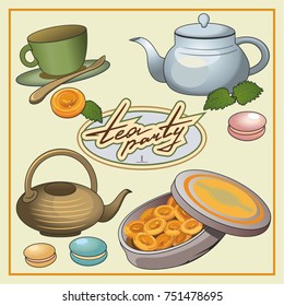vector illustration with images of objects related to the tea parties such as various teapots, mug with saucer, candies and cookies