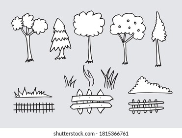 

Ilustración del vector: Imágenes de árboles, hierba y cercas de madera variadas y otros elementos de diseño. Diseño de línea.