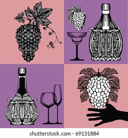 Vector illustration - image-vector images on the theme of wine (bottles, glasses, grapes)