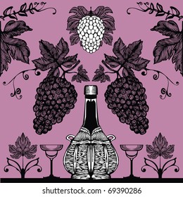 Vector illustration - image-vector images on the theme of wine (bottles, glasses, grapes)