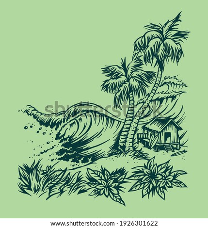 Vector illustration of imaginary landscape in cartoon style with stripped strokes. Art alluding to the surf lifestyle.