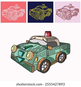 vector illustration of an imaginary police car with unique shading made using affinity designer software. suitable for application in your designs such as children's colouring books. 