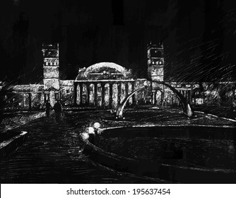 Vector illustration imitating ink drawing. The railway station building in Kharkov, Ukraine.