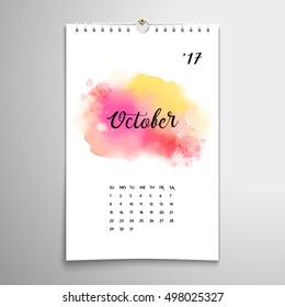 Vector illustration with imitation of watercolor spots. Realistic shadows. Inscription - October. Paper spiral calendar. 