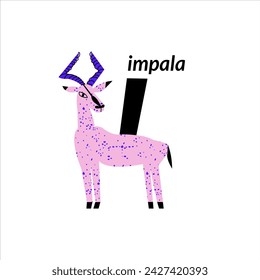 Vector illustration with impala and English capital letter I. childish alphabet for language learning