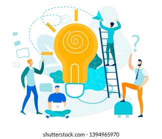 Vector Illustration Implementation Joint Ideas. In Foreground Large Incandescent Lamp Shines Brightly. Man Sitting on Floor with Laptop. Guy Went Up Stairs. Manager Wonders Cartoon Flat.