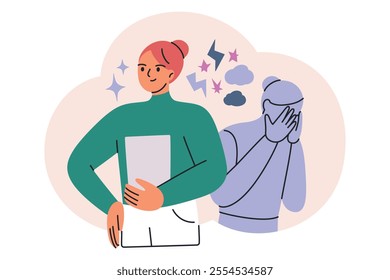 Vector illustration of imposter syndrome concept, confident woman and anxious shadow or abstract inner self. Flat cartoon design showing emotions, self esteem, mental health, and inner struggles