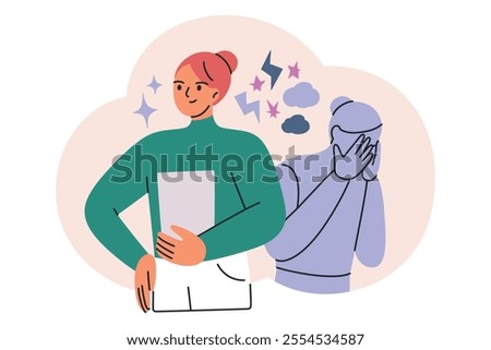 Vector illustration of imposter syndrome concept, confident woman and anxious shadow or abstract inner self. Flat cartoon design showing emotions, self esteem, mental health, and inner struggles