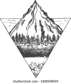 Vector illustration of impressive nature view set. Modern mountain peak, coniferous forest and lake landscape in triangle. Vintage hand drawn style.
