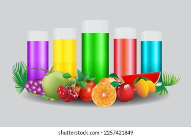 Vector illustration included various juices in clear glasses.