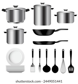 Vector illustration includes kitchen equipment for cooking.