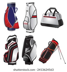 Vector illustration includes several styles of golf bags, white background.