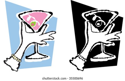 a vector illustration, including color and b/w versions of a martini held by a feminine gloved hand