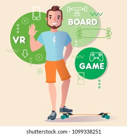 Vector illustration including icons on longboard and game theme. Guy with longboard. Guy in flat design style. Cartoon character. 