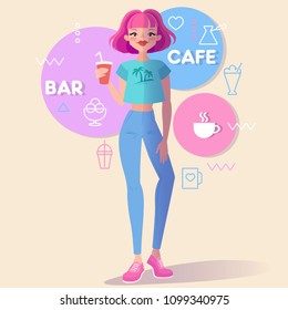 Vector illustration including icons on bar and cafe theme. Young girl with pink hair and cup of coffee. Summer theme. Girl in flat design style. Cartoon character. Vector illustration.