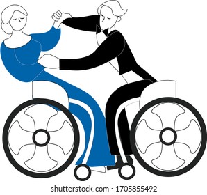 vector illustration for inclusion. Dance of a man and a woman in a wheelchair. dance the waltz. Isolated on white background.