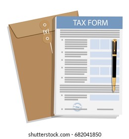Vector illustration income tax form with brown envelope and fountain pen icon isolated on white background. Federal income tax form. Tax return