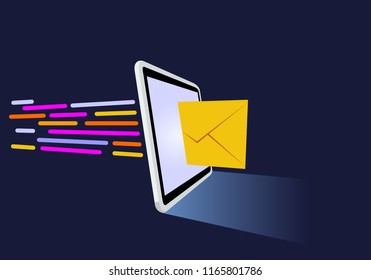 Vector illustration of incoming message. Suitable for design element of messaging app service. Messaging app with tablet device.