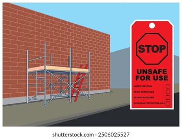 Vector illustration of incomplete scaffolding installation with red tag information. Safety inspection checklist document.