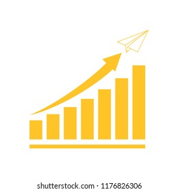 Vector illustration of incremental growth of business graph. Paper airplane moving upward.