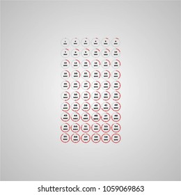 Vector illustration, increments from 1 to 60 seconds, one second interval, 10 rows and 6 columns on grey background, for business or education. Watches in flat design. Stopwatches set 1.
