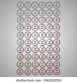 Vector illustration, increments from 1 to 60 seconds, one second interval, 10 rows and 6 columns on gray background, for business or education. Watches in flat design. Stopwatches set 3.