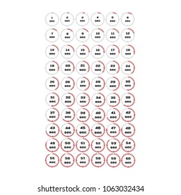 Vector illustration, increments from 1 to 60 seconds, one second interval, 10 rows and 6 columns on white background, for business or education. Watches in flat design. Stopwatches set 4.