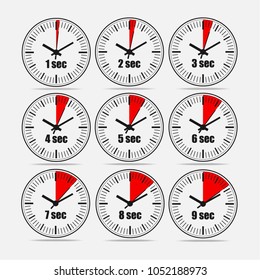 Vector illustration, increments from 1 to 9, one second interval, 3 rows and 3 columns on grey background, for business or education. Watches in flat design. Watches set 2.