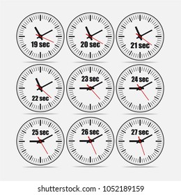 Vector illustration, increments from 19 to 27, one second interval, 3 rows and 3 columns on grey background, for business or education. Watches in flat design. Watches set 1.