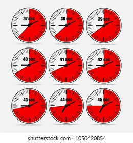Vector illustration, increments from 37 to 45, one second interval, 3 rows and 3 columns on grey background, for business or education. Watches in flat design. Watches set 2.