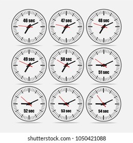 Vector illustration, increments from 46 to 54, one second interval, 3 rows and 3 columns on grey background, for business or education. Watches in flat design. Watches set 1.